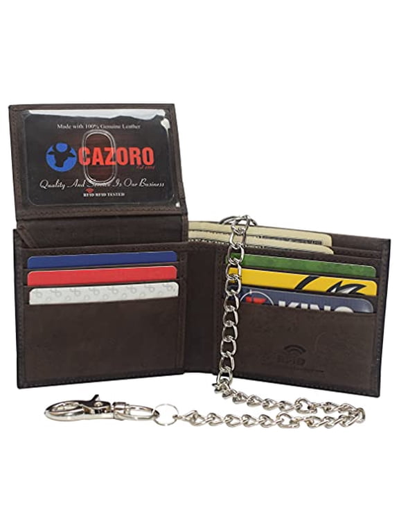 Men's Genuine Leather RFID Blocking Chain Biker Bifold Flap Up ID Wallet