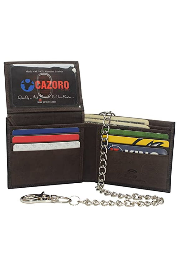 Men's Genuine Leather RFID Blocking Chain Biker Bifold Flap Up ID Wallet
