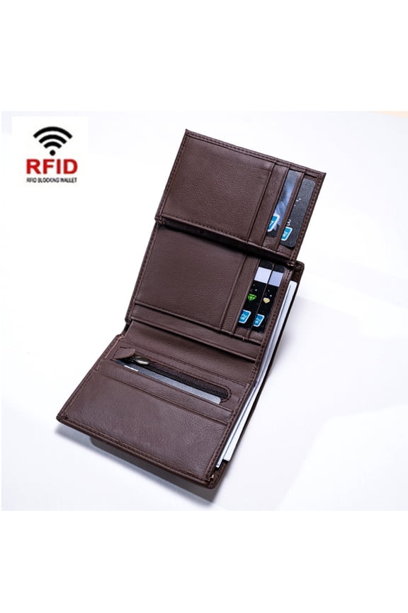 Men's Genuine Leather RFID Blocking Trifold Wallet, Top Layer Cowhide Credit Card Holder with Zipper Coin Pocket, Anti-Theft ID Window Billfold