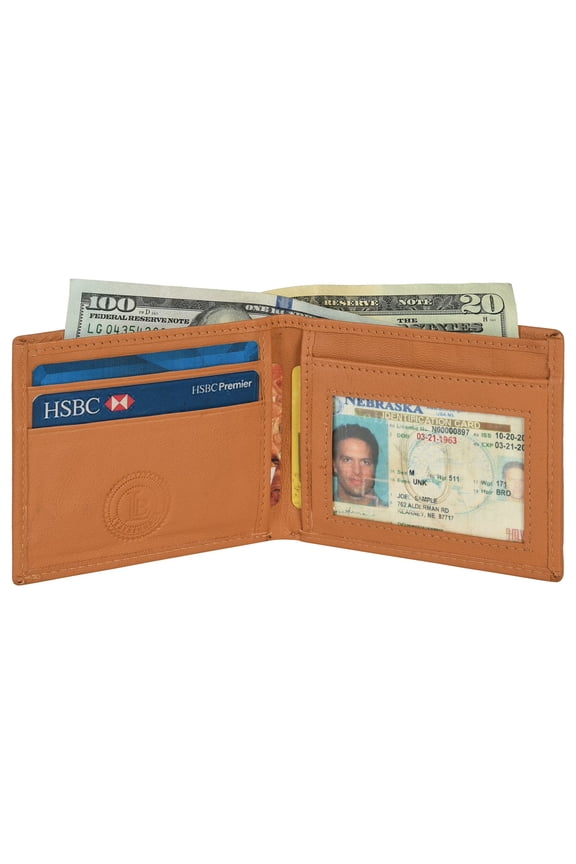 Mens Genuine Leather Slim Bifold Wallet with ID Window | Tan