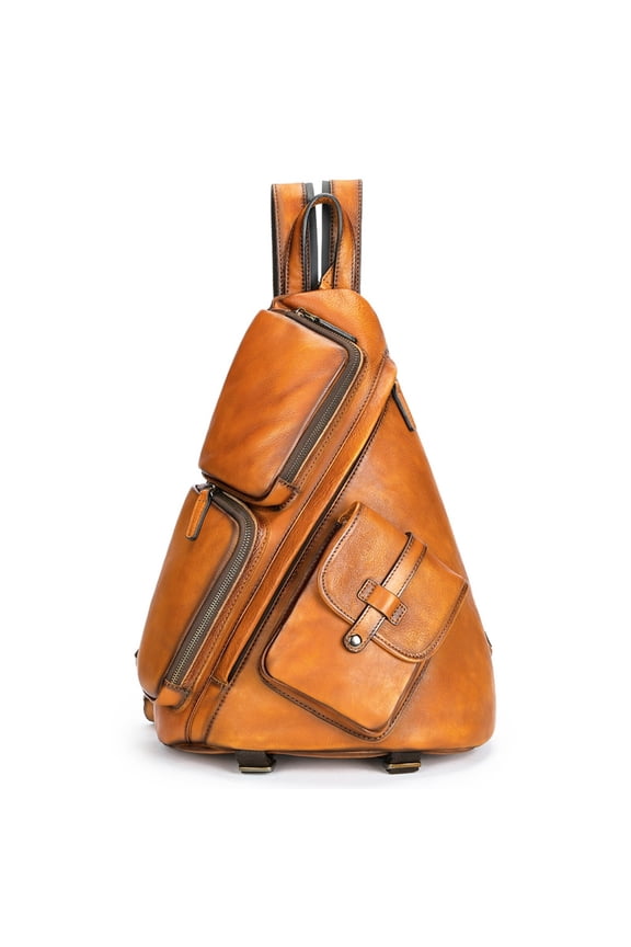 Men's Genuine Leather Sling Backpack  Retro Brown Crossbody Chest Bag, High-Quality Cowhide, Multiple Pockets, Adjustable Strap, Fits 9.7" Tablet