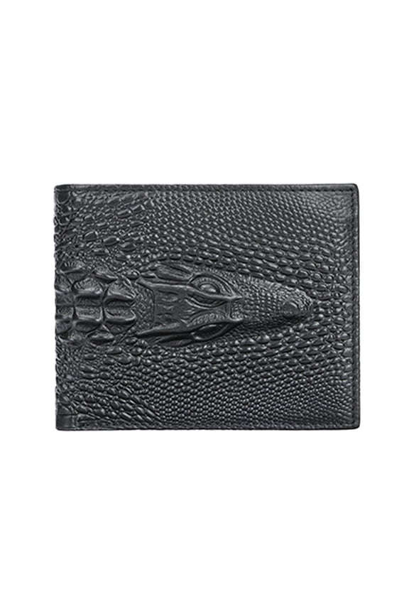 Mens Genuine Leather Wallet with Crocodile Pattern Long, Vertical, and Horizontal Bifold Design, Multiple Card Slots, Coin Pocket, Photo Window, Black