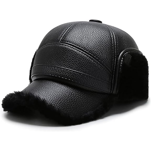 Men's Genuine Leather Winter Hat, Warm Faux Fur Lined Baseball Cap with Foldable Earflaps, Windproof Hunting Trapper Dad Hat for Cold Weather (K)