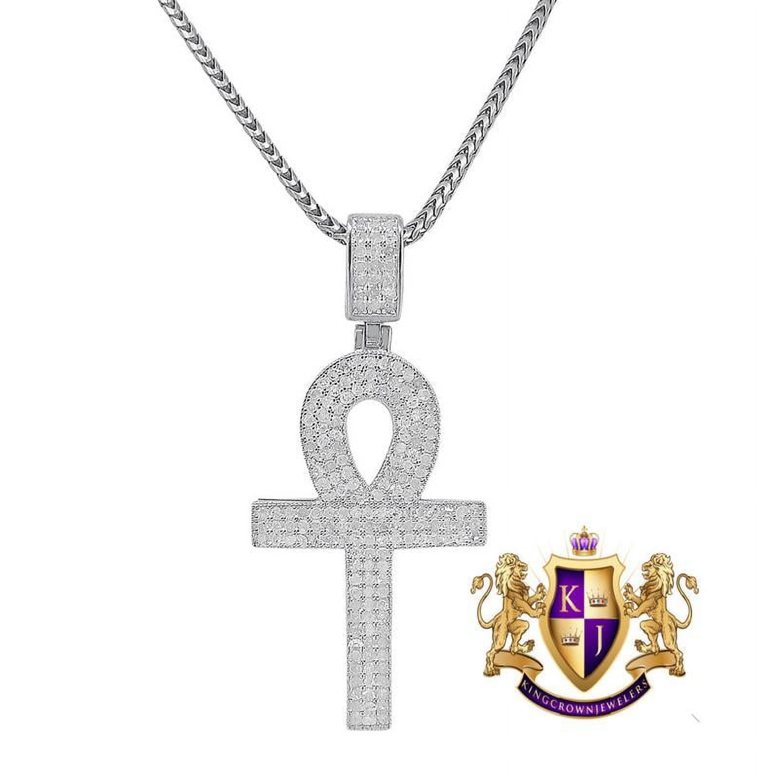 KING CROWN JEWELERS Men's Genuine Real Diamond 1.00 Cwt. Egyptian Ankh Cross Pendant 10K White Gold Finish Charm Chain Set Unisex 1.85''