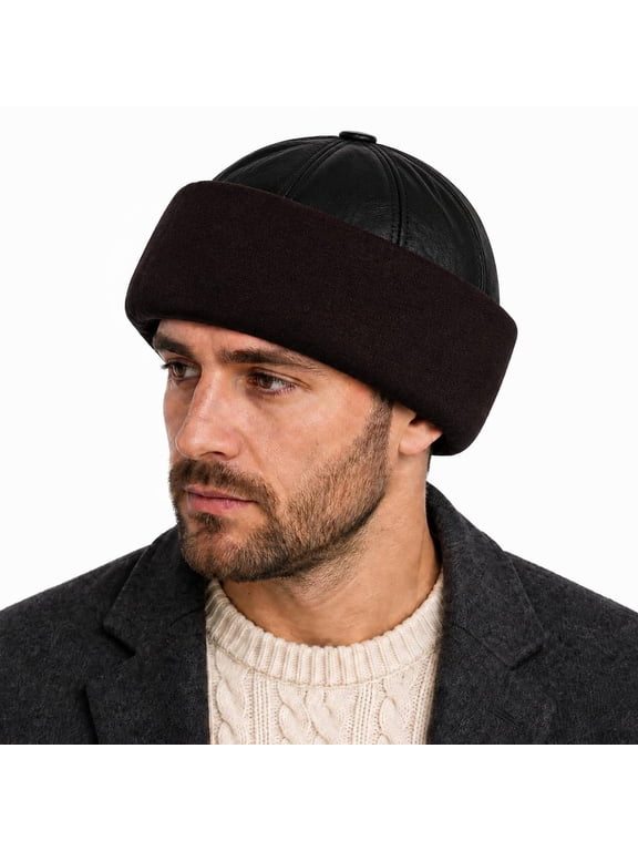 Men's Genuine Shearling Beanie Hat, Warm Winter Brimless Leather Docker Hat S-XL (Dark Brown)