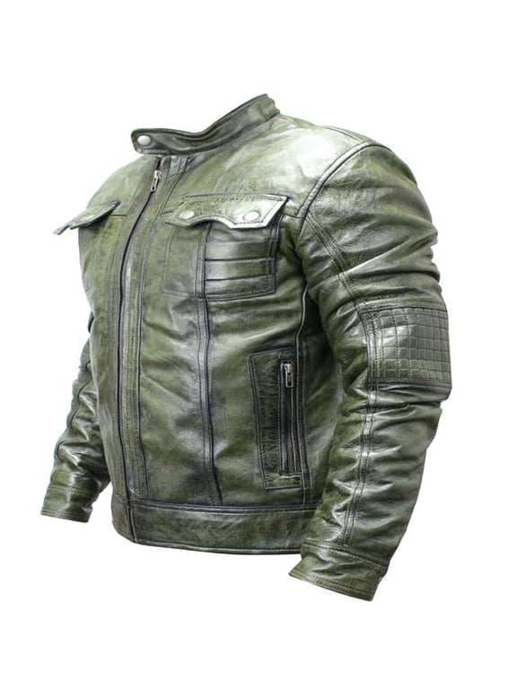 Men's Genuine Sheep Skin Leather Fashion Jacket - Green - Medium - Distressed Style