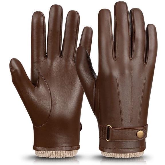 Men’s Genuine Sheepskin Leather Gloves, Warm Wool Lined Touchscreen Winter Gloves, Windproof Driving Commuting Gloves with Adjustable Wrist Buckle