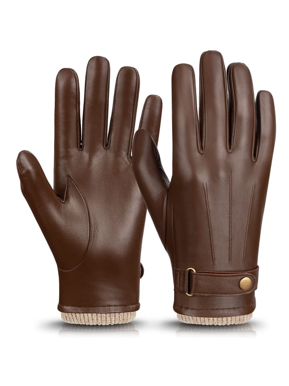 Men’s Genuine Sheepskin Leather Gloves, Warm Wool Lined Touchscreen Winter Gloves, Windproof Driving Commuting Gloves with Adjustable Wrist Buckle