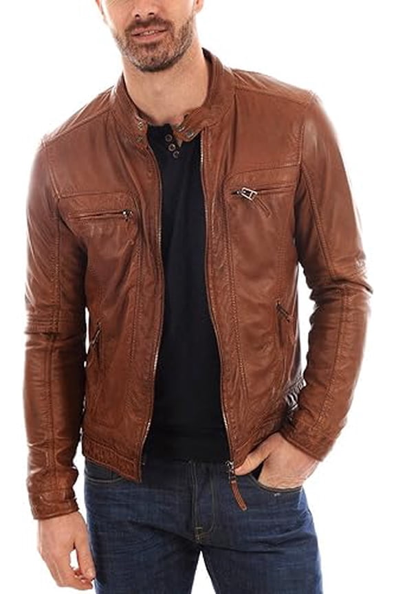 Men's Genuine Tan Lambskin Leather Jacket Biker Soft Stylish Motorcycle Jacket A458
