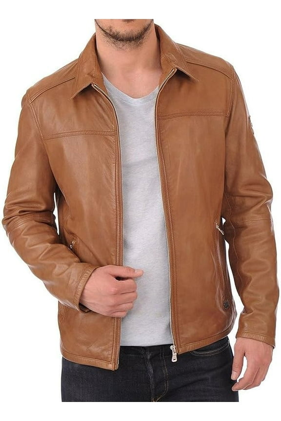 Men's Genuine Tan Lambskin Leather Jacket Slim fit Moto Biker jacket A483