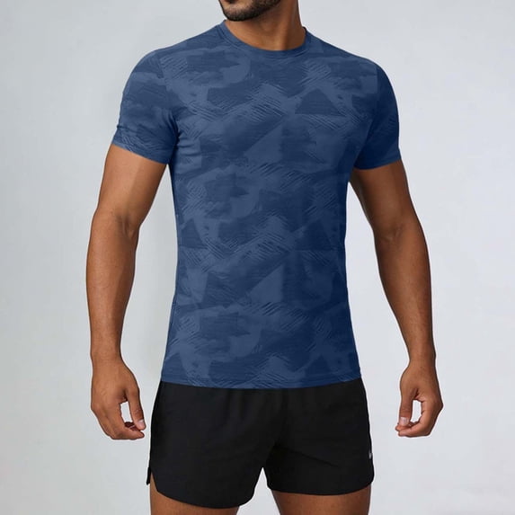 Men's Geometric Active T-Shirt, Moisture-Wicking Short Sleeve Gym Tops, Slim Fitting Performance Wear for Running Training Dark Blue 3XL
