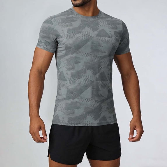 Men's Geometric Active T-Shirt, Moisture-Wicking Short Sleeve Gym Tops, Slim Fitting Performance Wear for Running Training Gray 3XL