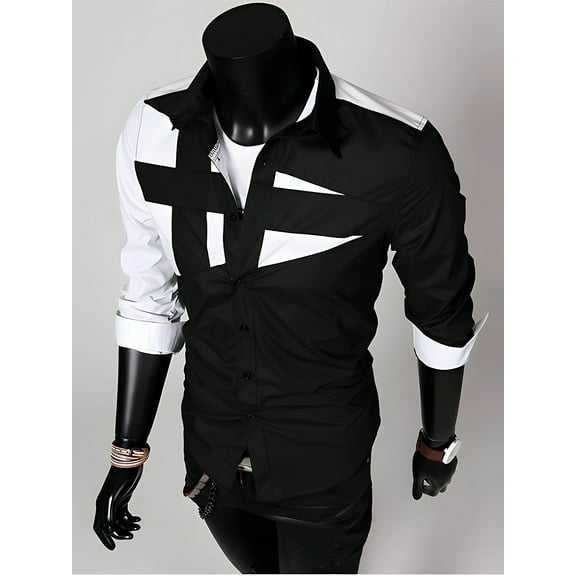Men's Geometric Graphic Dress Shirt Long Sleeve Button Up Collar Office Work Slim Fit Shirt Tops 2025 Black L