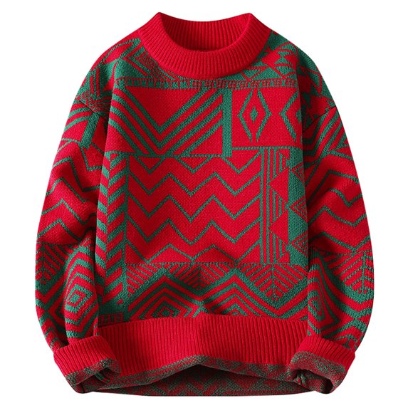 Men's Geometric Graphic Sweaters Crewneck Soft Knit Pullover Long Sleeve Crewneck Sweatshirts Loose Fit Jumper Tops (XL, Red-1)