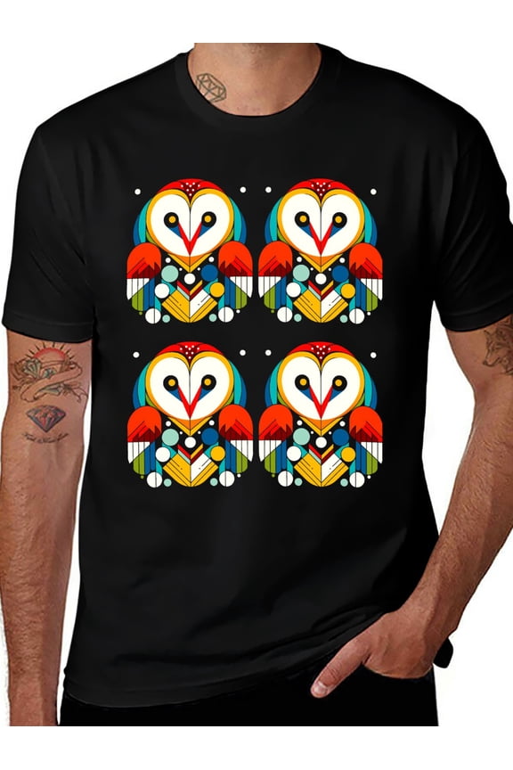 Men's Geometric Owl Symmetric Graphic T-Shirt - Black Abstract Art Trendy Tee