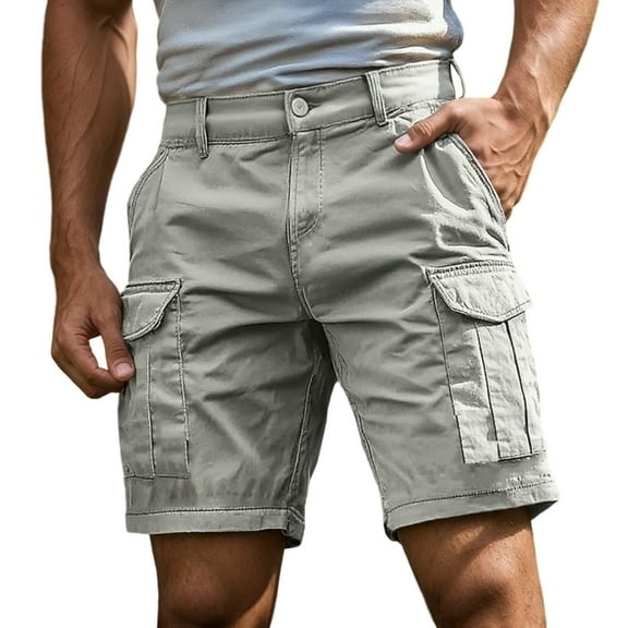 Men's Geometric Print Drawstring Waist Bermuda Shorts Casual Elastic Waist Drawstring Summer Loose Beach Shorts Wear Hiking with Multi Pockets (Light Gray, M)