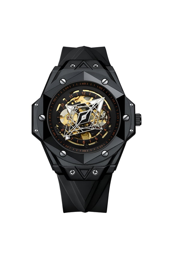 Men's Geometric Skeleton Automatic Mechanical Watch, Luminous, Silicone Strap Sport Wristwatch