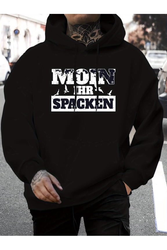 Men's German Lettering Print Hooded Sweatshirt - "Moin oder Spaken" Graphic Pullover, Casual Long Sleeve Sweater with Kangaroo Pocket, Ideal Gift for German Culture Fans