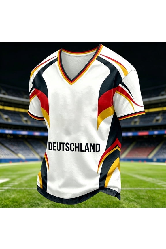Men's Germany V-Neck Soccer with "DEUTSCHLAND" Text & Curved Flag Accents â Patriotic Short Sleeve Top for Football Matches, Fan Events & Casual Wear â Breathable Lightweight Summer Tee