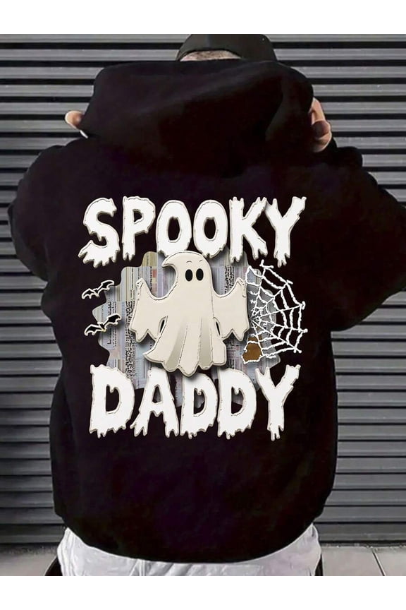 Men's Ghost Dad Halloween Hoodie - Pullover With Ghost, Bat, And Spider Web Prints, Pocket And Drawstring Hood, Casual Autumn Winter Sweater, Suitable For Costume Parties And Casual Wear, Machine Wa