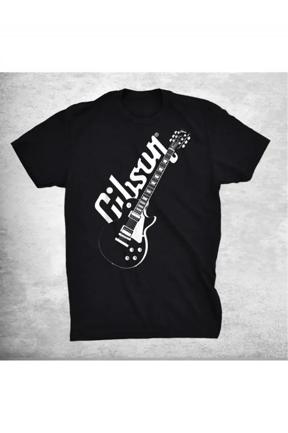 Men's Gibson Les Paul Guitar Graphic Cotton T-Shirt - Black & White Music-Inspired Design, Regular Fit Short Sleeve Round Neck