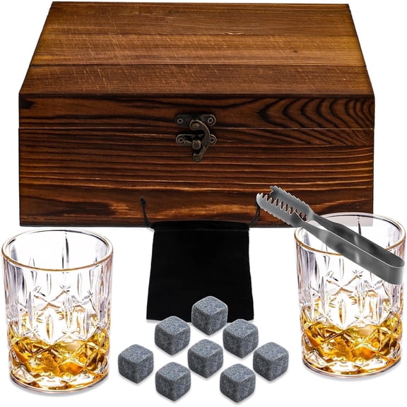 Meilimei -Men's Gift: Crystal Whiskey Glass Set (2 Glasses +8 Whiskey Stones) | In Elegant Wood Gift Box
