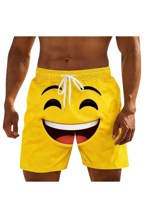 Men's Gift Idea Swim Trunks, Funny Emoji Beach Shorts, Novelty Print Summer Swimwear, Quick Dry Casual Shorts, Unique Holiday Clothing