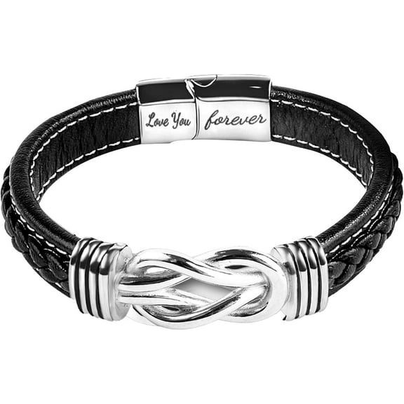 Men's Gift Leather Infinity Bracelet, Black Woven Leather Bracelet Stainless Steel Engraved Love You Forever Jewelry Gift Dad Husband Brother Boyfriend Son 7.5/8/9 inch