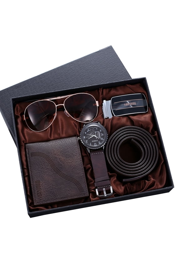 Men's Gift Set Quartz Watch, Genuine Leather Wallet, Belt & Sunglasses - 4pcs/Set Perfect for Father's Day, Boyfriend Gift
