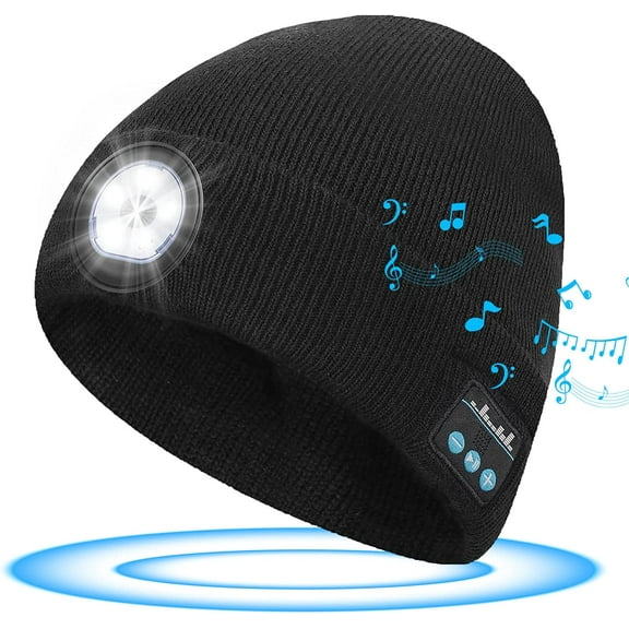 Men's Gifts Beanie with Bluetooth and LED, Christmas Stocking Stuffers Men Women 2 in 1 Rechargeable Winter Beanie V5.0 Bluetooth Hat Lighted Beanie Cap Flashlight Hat for Camping Running Fishing