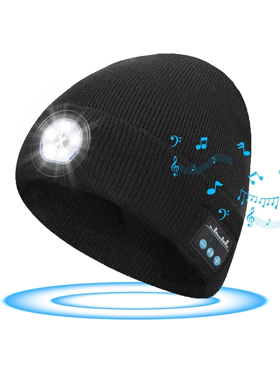 Men's Gifts Beanie with Bluetooth and LED, Christmas Stocking Stuffers Men Women 2 in 1 Rechargeable Winter Beanie V5.0 Bluetooth Hat Lighted Beanie Cap Flashlight Hat for Camping Running Fishing
