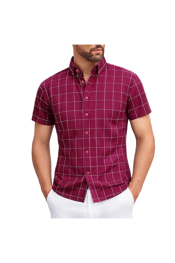 Men's Gingham Button Down Shirts Dressy Casual Short Sleeve Lapel Collar Plaid Summer Work Office Shirt Tops Lightweight Summer Button Down Shirt