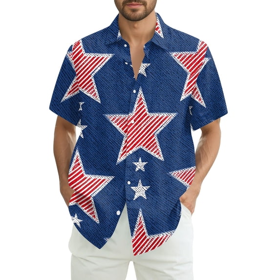 Men's Glitter Star & Stripe American Flag Hawaiian Shirt - 4-Way Stretch Short Sleeve Patriotic Button Down Red 3XL