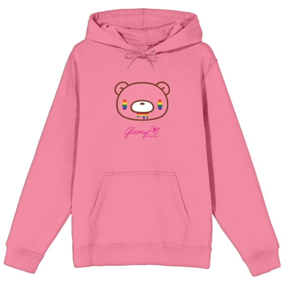 Gloomy Bear Pink Bear With Rainbow Eyes Gloomy Cursive Text on Pink Adult Hoodie-XXL