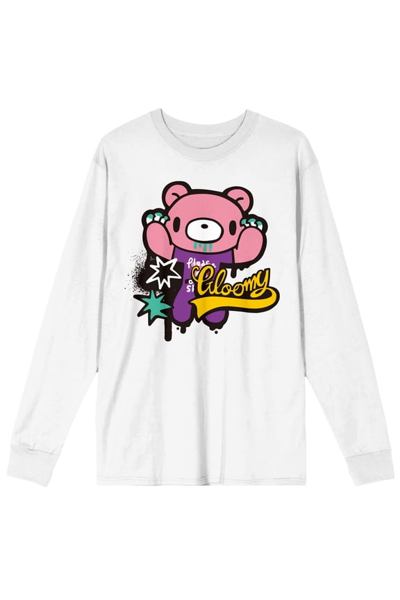 Gloomy Bear hands up paint spray on White Long Sleeve Adult Crew neck-Large