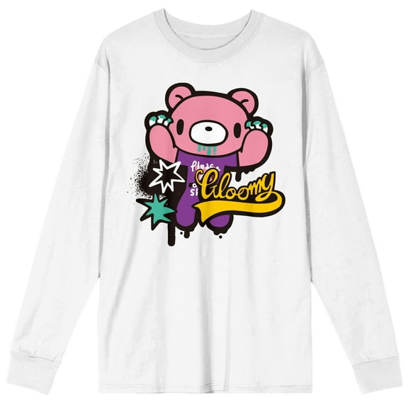 Gloomy Bear hands up paint spray on White Long Sleeve Adult Crew neck-XXL