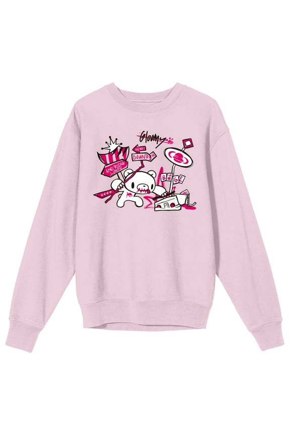 Gloomy Bear Retro American Burger shops streets smash by gloomy bear on cradle Pink Long Sleeve Adult Crew neck-3XL