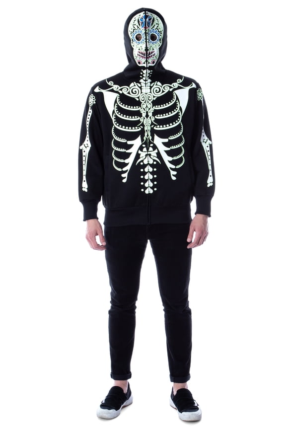 Men's Glow in The Dark Skeleton Costume Zip Hoodie (Black-Dia De Los Muertos, )