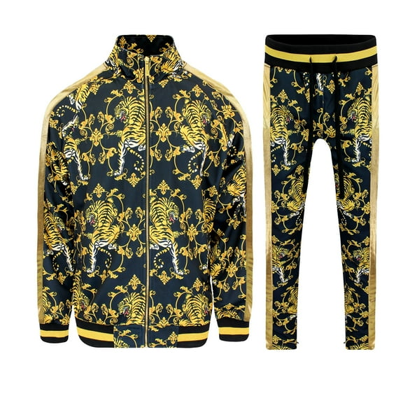 Men's Gold Accent Tiger Print Track Suits 2 Piece Sweatsuit Set ST556 - Black - 4X-Large - Q1B