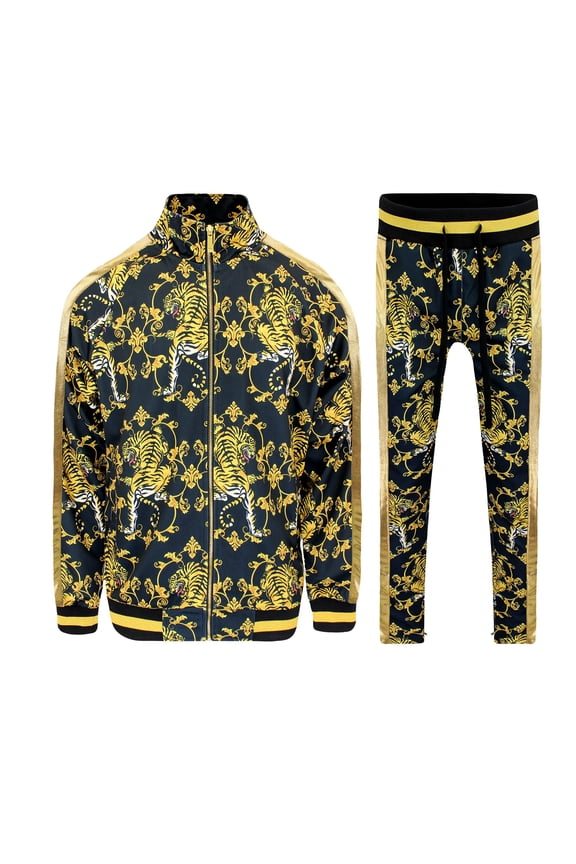 Men's Gold Accent Tiger Print Track Suits 2 Piece Sweatsuit Set ST556 - Black - X-Large - Q1B