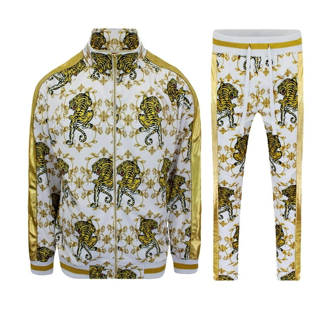 Men's Gold Accent Tiger Print Track Suits 2 Piece Sweatsuit Set ST556 - White - 5X-Large - Q1B