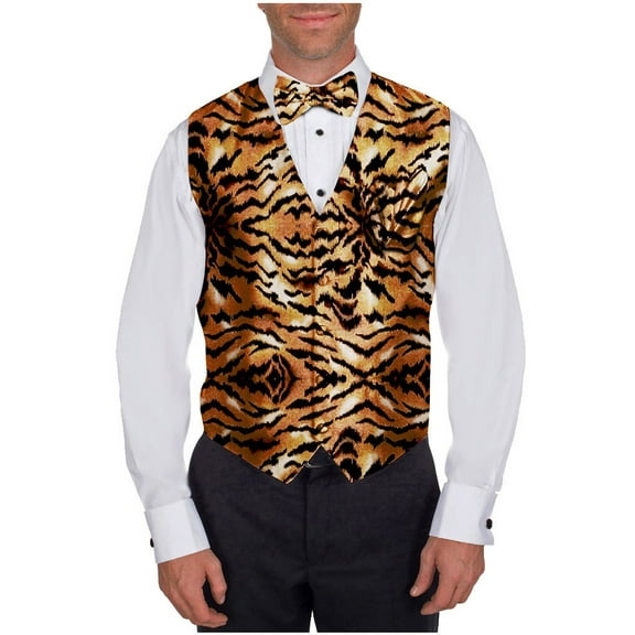 Men's Gold - Black Tiger Print Vest Bow Tie and Hanky Set