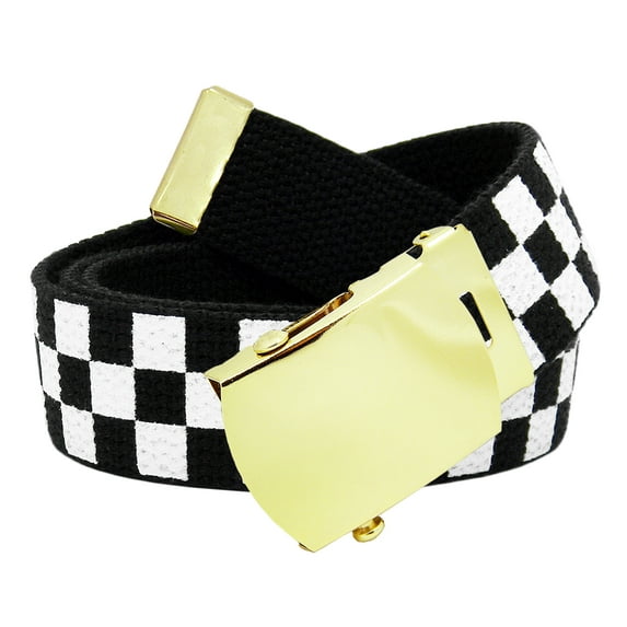 Men's Gold Brass Slider Military Belt Buckle with Canvas Web Belt Large Checkered