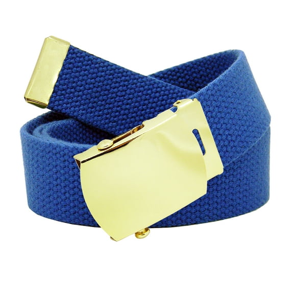 Men's Gold Brass Slider Military Belt Buckle with Canvas Web Belt Medium Royal Blue