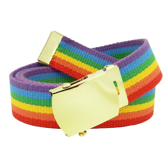 Men's Gold Brass Slider Military Belt Buckle with Canvas Web Belt X-Large Rainbow