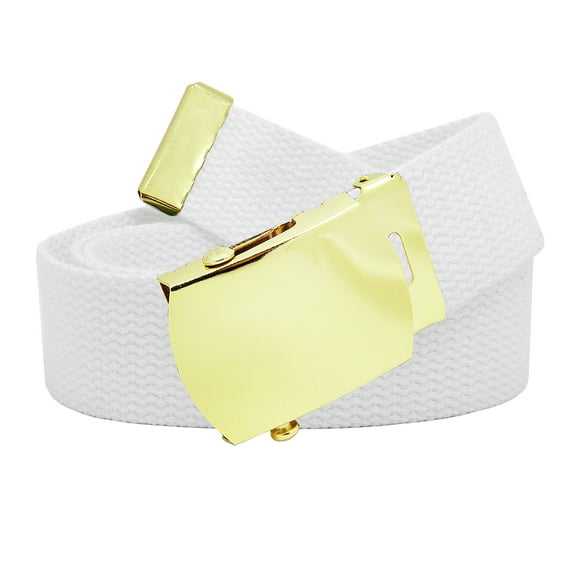 Men's Gold Brass Slider Military Belt Buckle with Canvas Web Belt X-Large White
