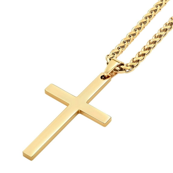 Men's Gold Cross Pendant & Wheat Chain Stainless Steel Necklace Set