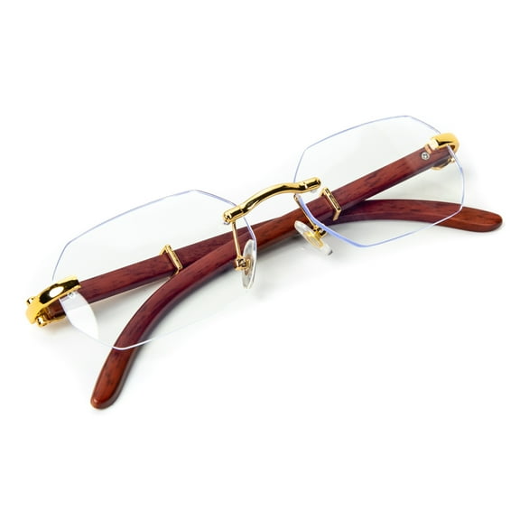 Men's Gold Frame Geometric Clear Lens Rimless Hip Hop Fashion Woodgrain Glasses