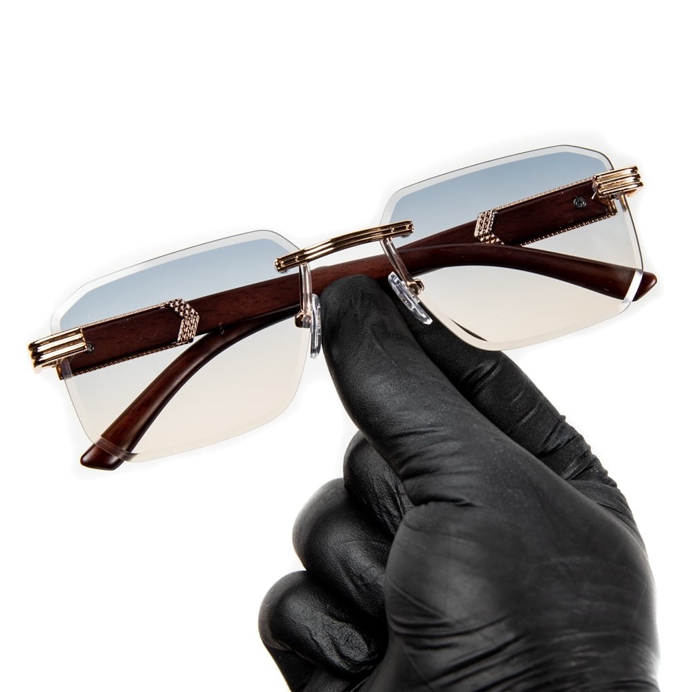 Men's Gold Frame Rimless Gray Tan Gradient Tint Hip Hop Woodgrain Sunglasses