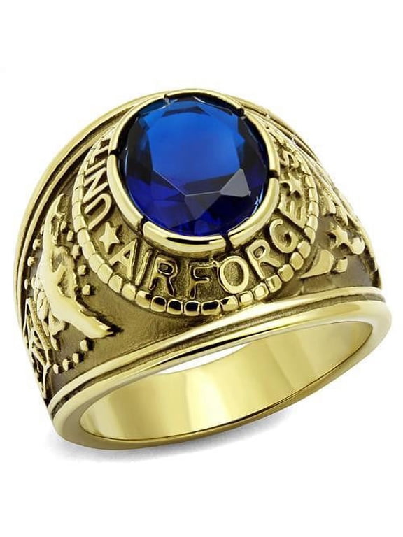Men's Gold IP Stainless Steel Wide Band Air Force Sapphire CZ Ring - Size 13